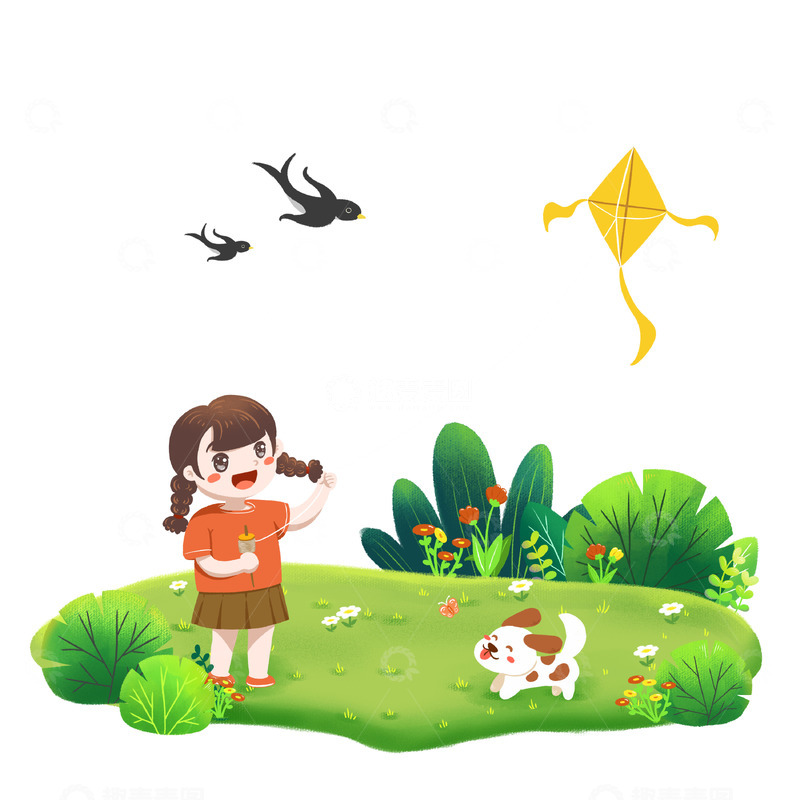 源文件下载【趣麦麦图】春暖花开放风筝小场景元素