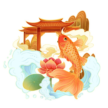 国潮风锦鲤鱼跃龙门荷花山水祥云古建筑大门
