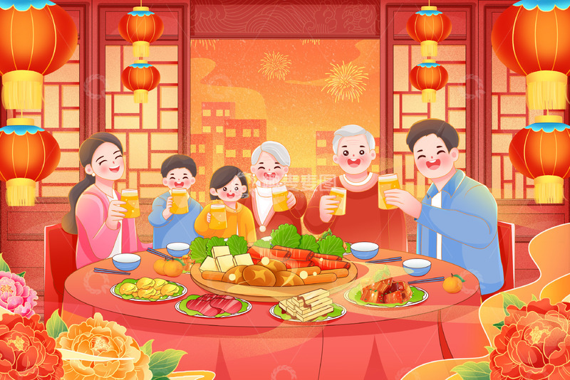 源文件下载【趣麦麦图】新年春节过年一家人春节吃年夜饭