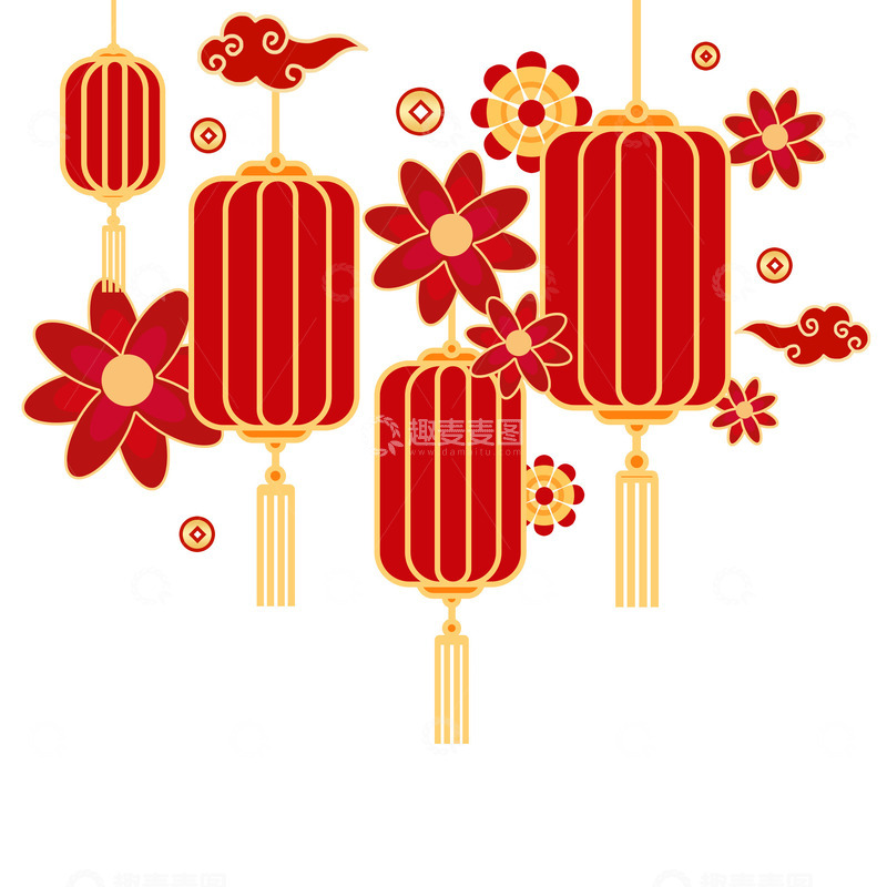 源文件下载【趣麦麦图】新春快乐灯笼装饰祥云花朵