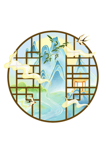 春天边框山水燕子