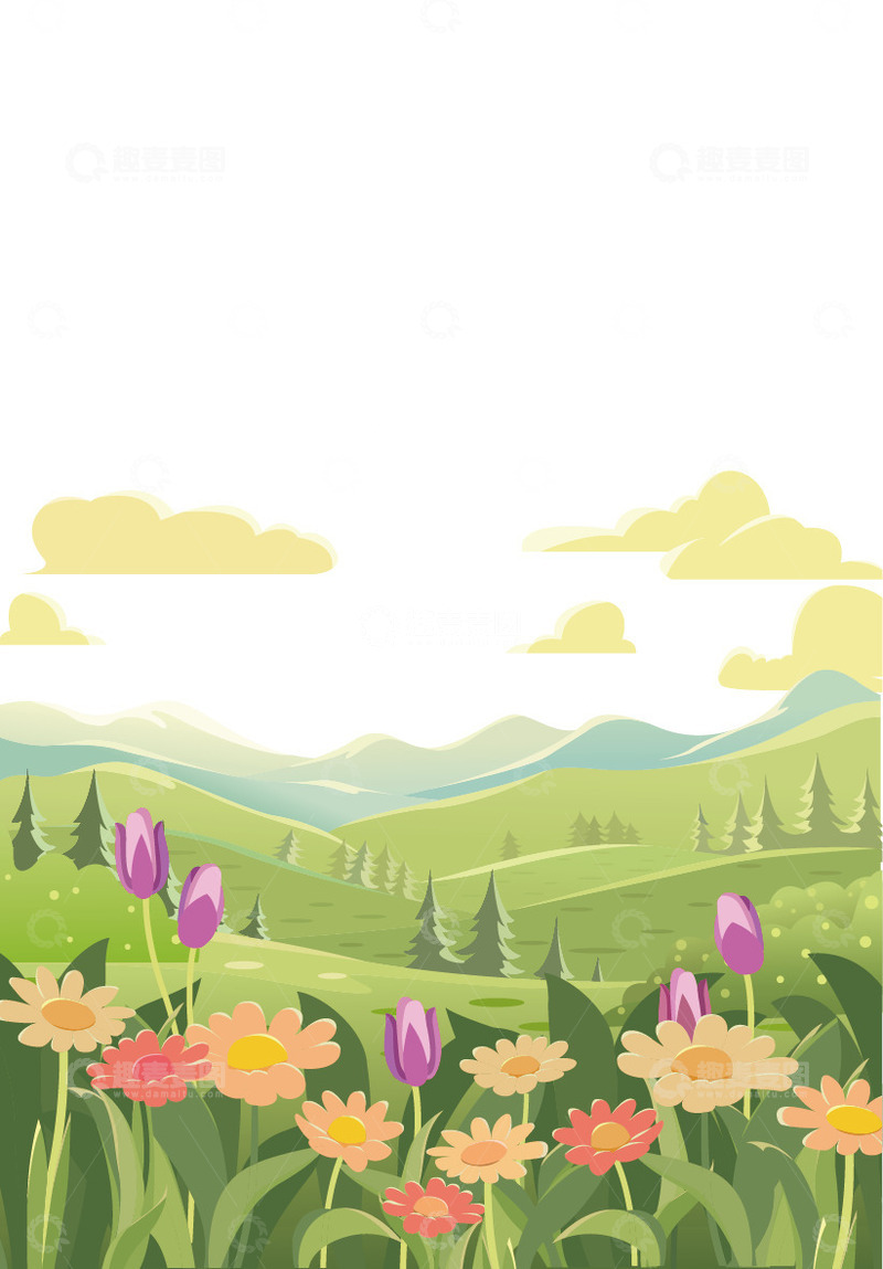 海报展板春天花朵草丛远山山丘矢量图