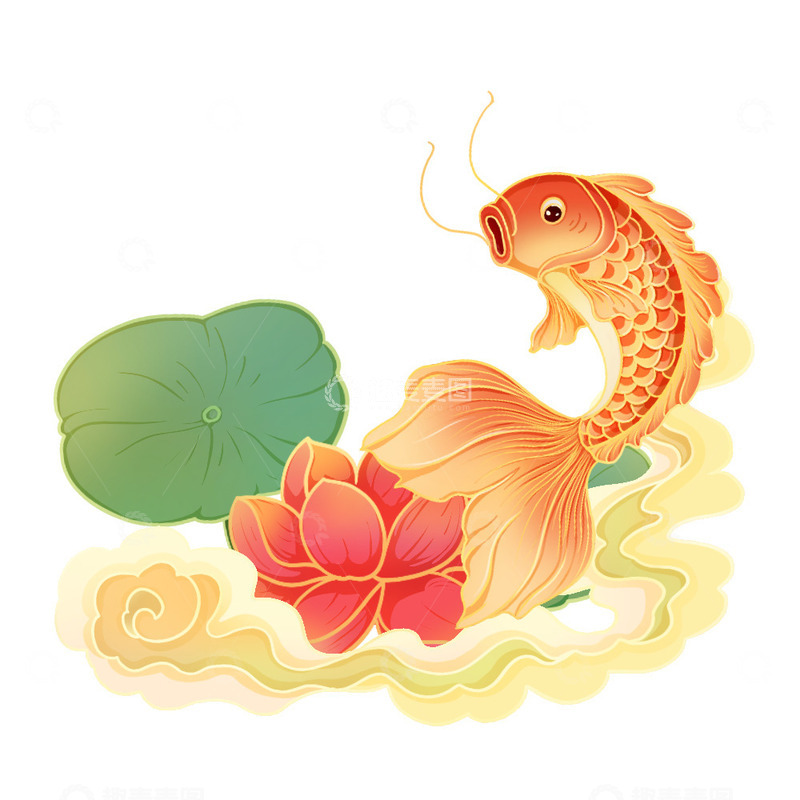源文件下载【趣麦麦图】国潮风锦鲤金鱼荷花祥云元素