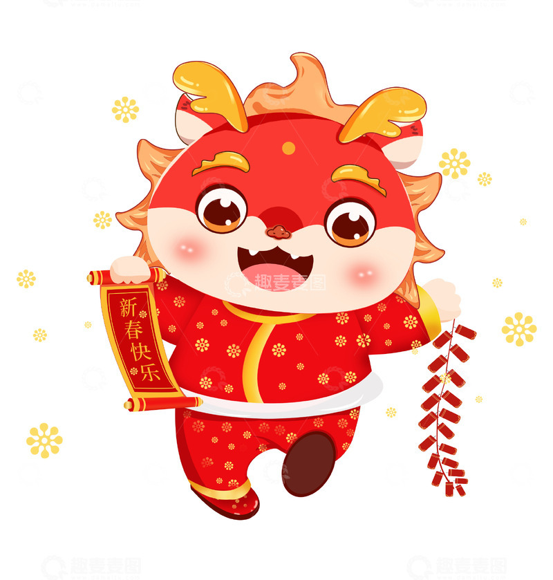龙年喜庆IP春节新春卡通可爱龙拿卷轴