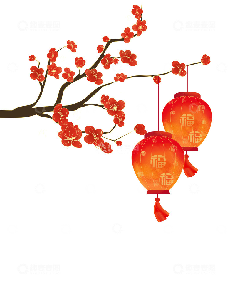 源文件下载【趣麦麦图】春节红色梅花灯笼树枝海报装饰边框元素