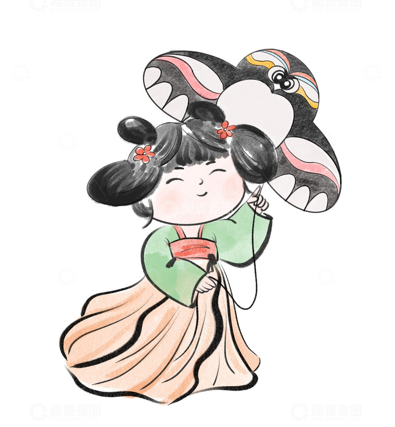 源文件下载【趣麦麦图】古代放风筝小女孩