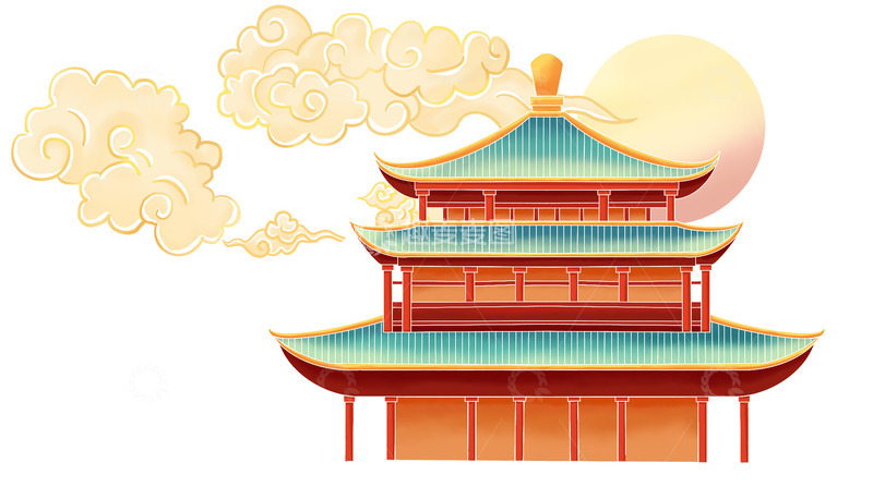 源文件下载【趣麦麦图】古建筑腾云月亮