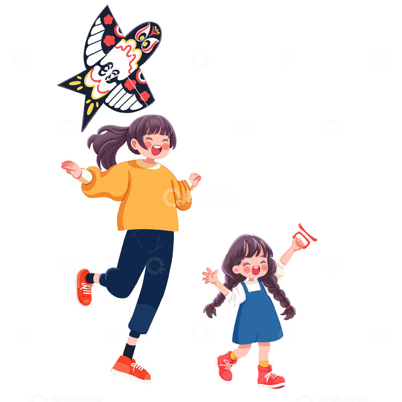 源文件下载【趣麦麦图】母女春天清明踏青放风筝