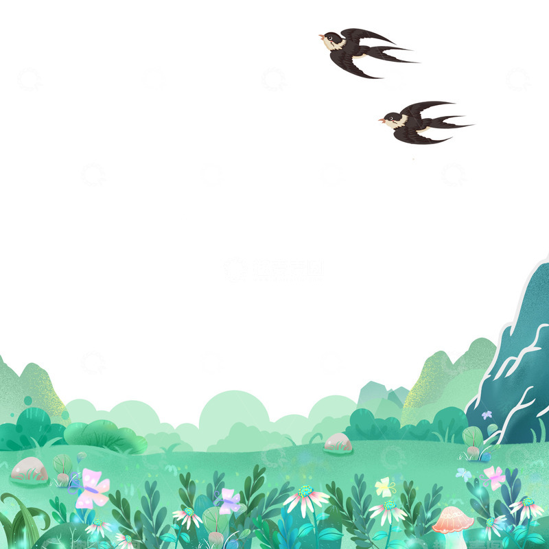 源文件下载【趣麦麦图】手绘扁平卡通山区花草春天素材