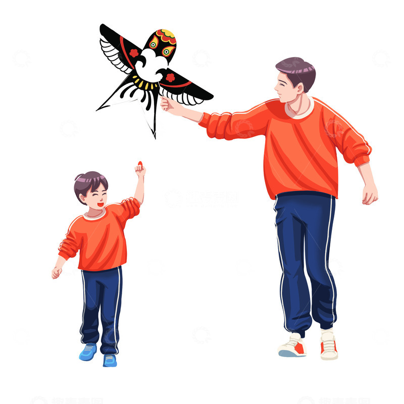 源文件下载【趣麦麦图】父子放风筝春天清明踏青郊游