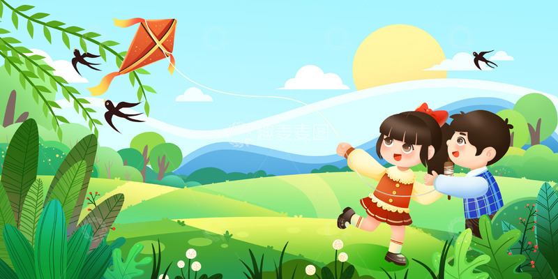 源文件下载【趣麦麦图】春天放风筝咯