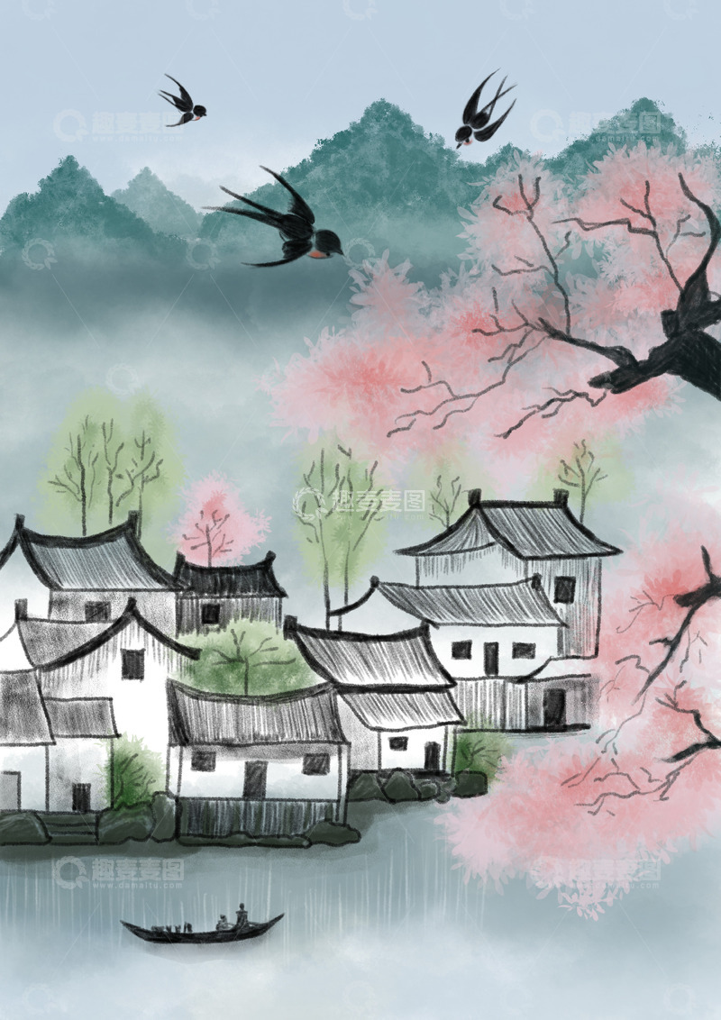源文件下载【趣麦麦图】春天江南水墨山水