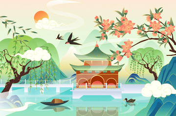 古风国风插画春天背景山水桃花