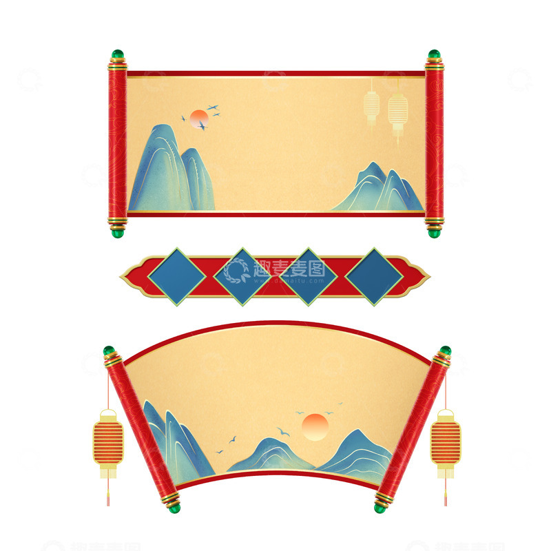源文件下载【趣麦麦图】国潮标题框横幅卷轴中国风山水插画元素