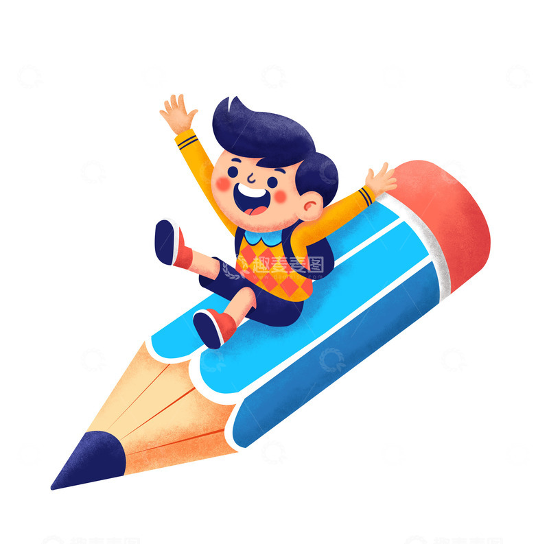 源文件下载【趣麦麦图】小男孩坐在铅笔上飞翔