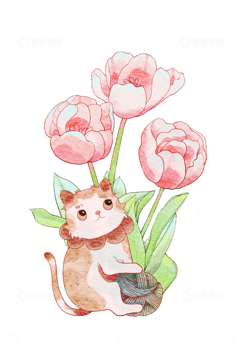 源文件下载【趣麦麦图】可爱小猫郁金香水彩绿色咖色毛球