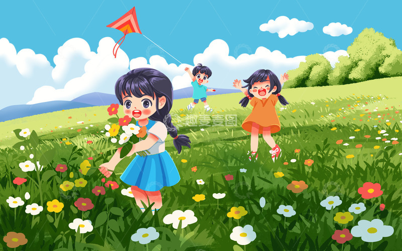 春天踏青儿童郊游摘花放风筝