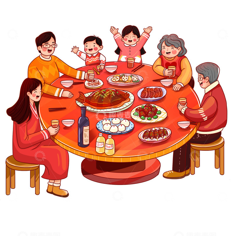源文件下载【趣麦麦图】一家人年夜饭插画