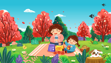 春暖花开郊游春游插画背景