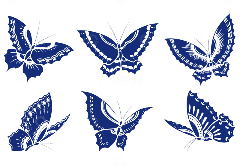源文件下载【趣麦麦图】传统典型瓷器装饰蓝色蝴蝶剪纸纹样