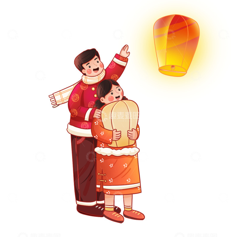 源文件下载【趣麦麦图】放天灯男女插画