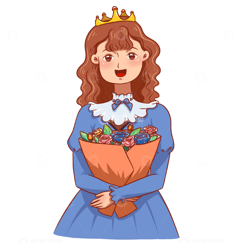 源文件下载【趣麦麦图】女神节抱花束的皇冠女王元素