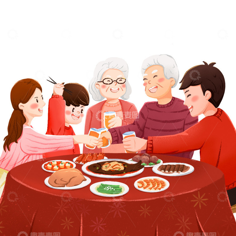 源文件下载【趣麦麦图】团圆饭年夜饭一家人坐在一起吃饭插画