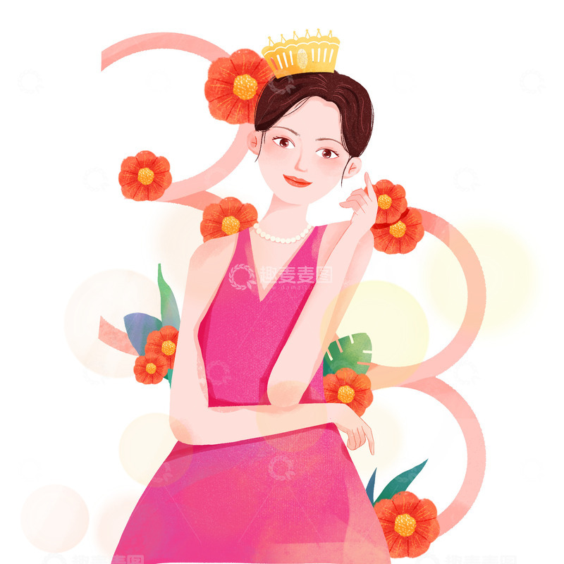 手绘38女神节美女鲜花浪漫人物元素