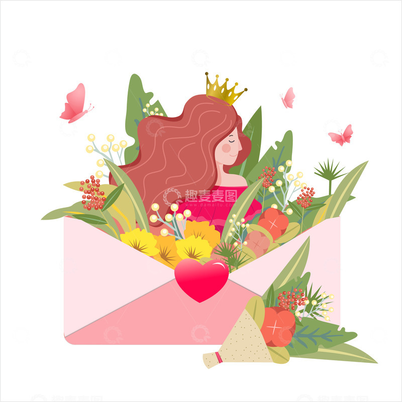 源文件下载【趣麦麦图】手绘女王女神信封花束