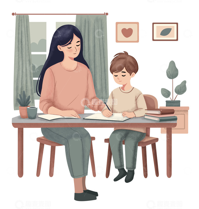 妈妈辅导孩子学习在家