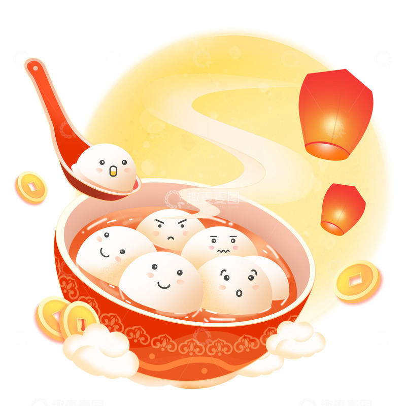 源文件下载【趣麦麦图】红色喜庆中国风元宵汤圆美食装饰元素