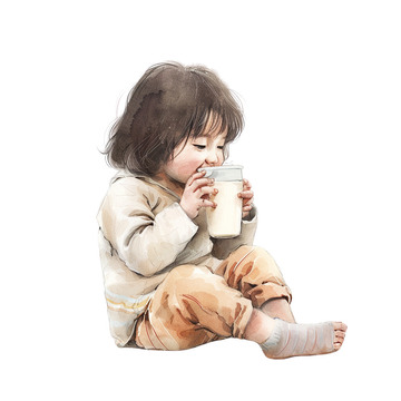 小朋友喝牛奶水彩插画
