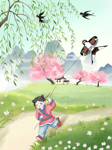 立春柳树燕子放风筝小娃娃春天