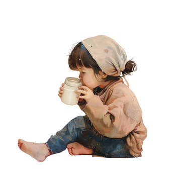 坐在地上喝牛奶的小孩