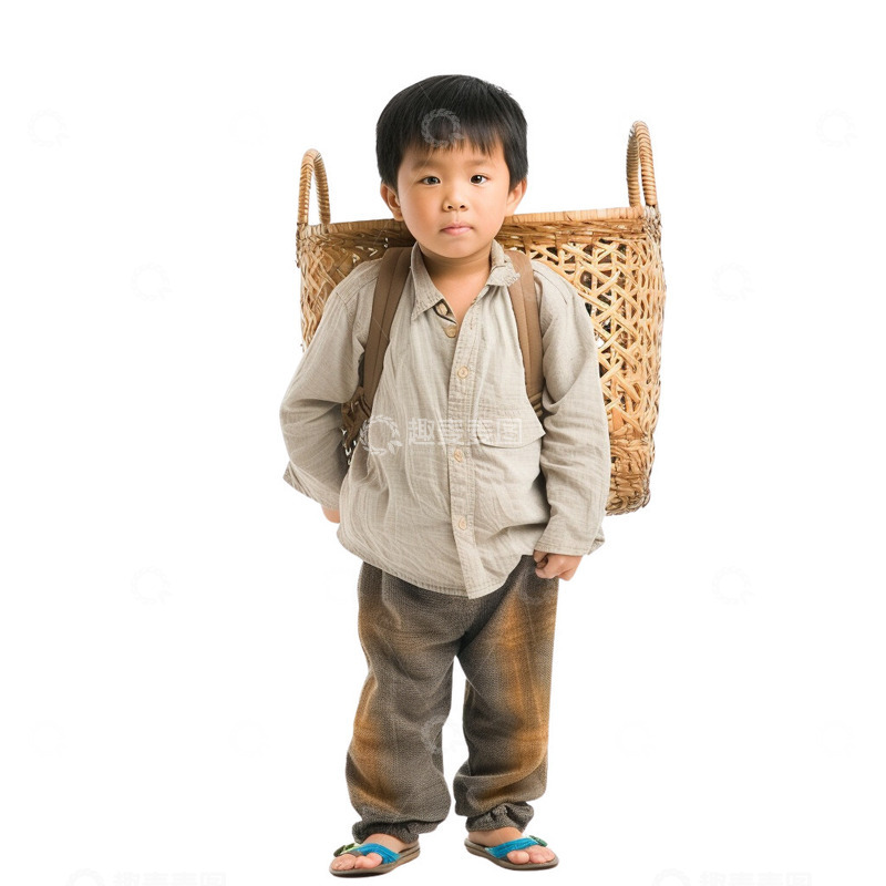 高清大图下载【趣麦麦图】背着背篓的小男孩1