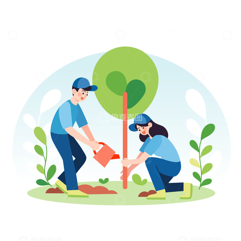 源文件下载【趣麦麦图】植树节种树的男女青年人公益活动