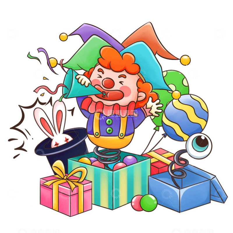 源文件下载【趣麦麦图】愚人节礼盒蹦出小丑魔法帽插画元素