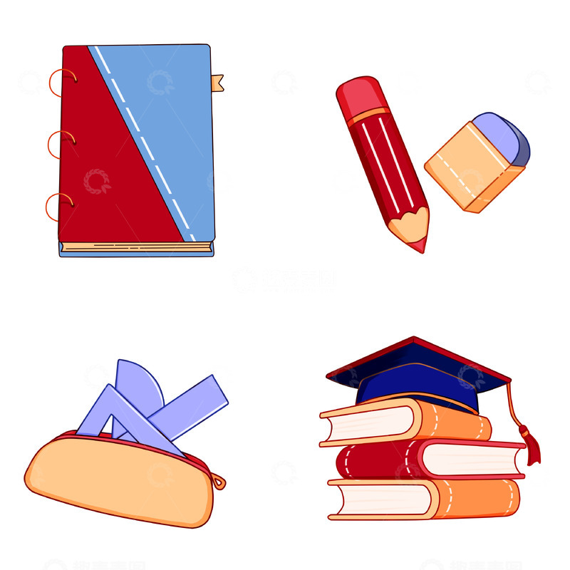 源文件下载【趣麦麦图】开学季笔记本博士帽书籍文具