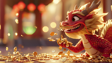 红色中国龙在宫殿捧起金币