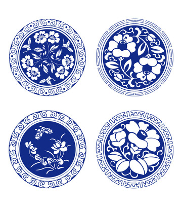 中国传统青花瓷刺绣装饰花纹素材