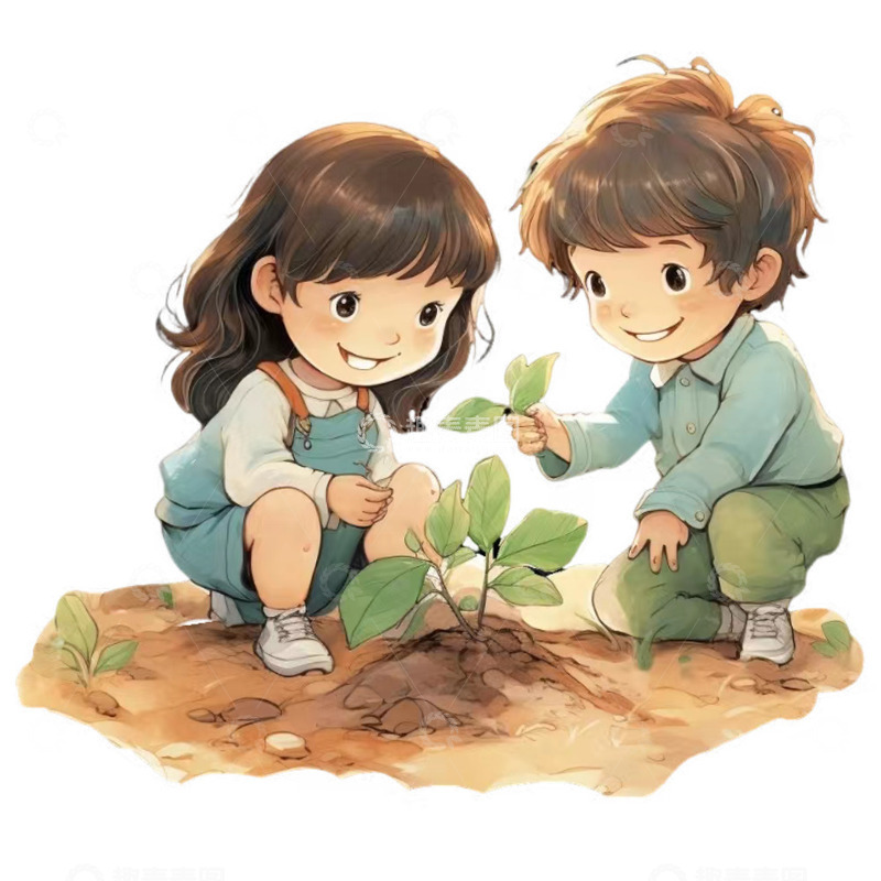 高清大图下载【趣麦麦图】手绘插画植树节小朋友一起种树