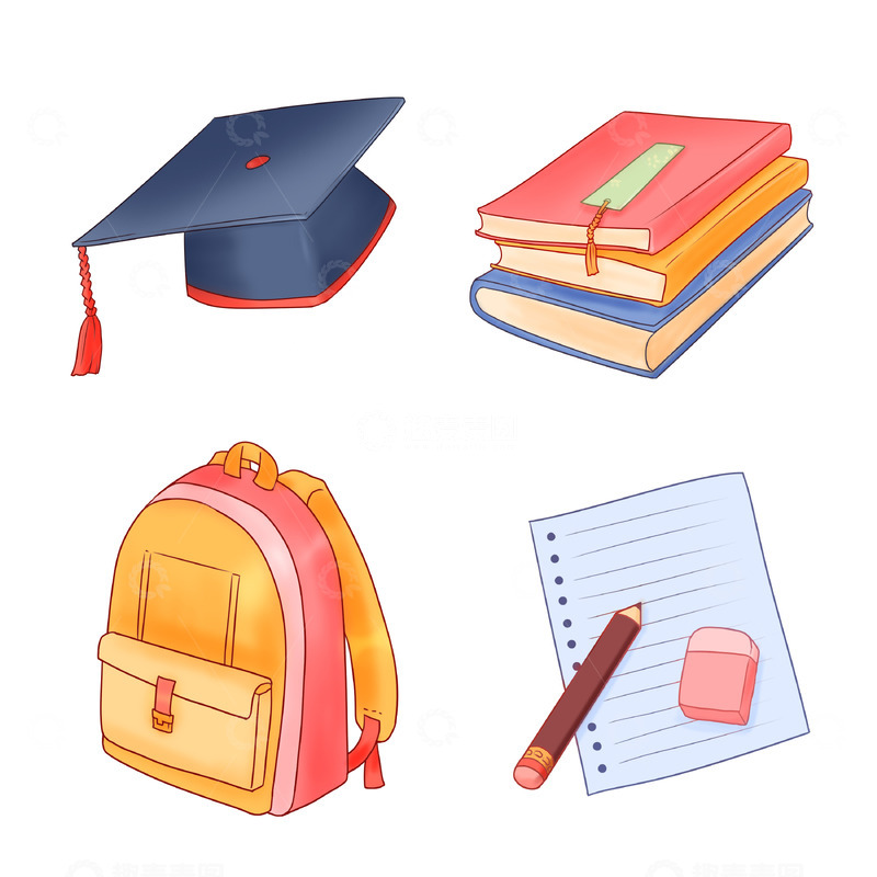 源文件下载【趣麦麦图】-开学季学习用品博士帽