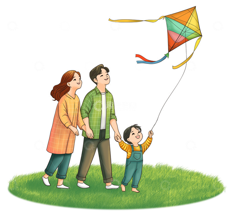 源文件下载【趣麦麦图】一家人放风筝