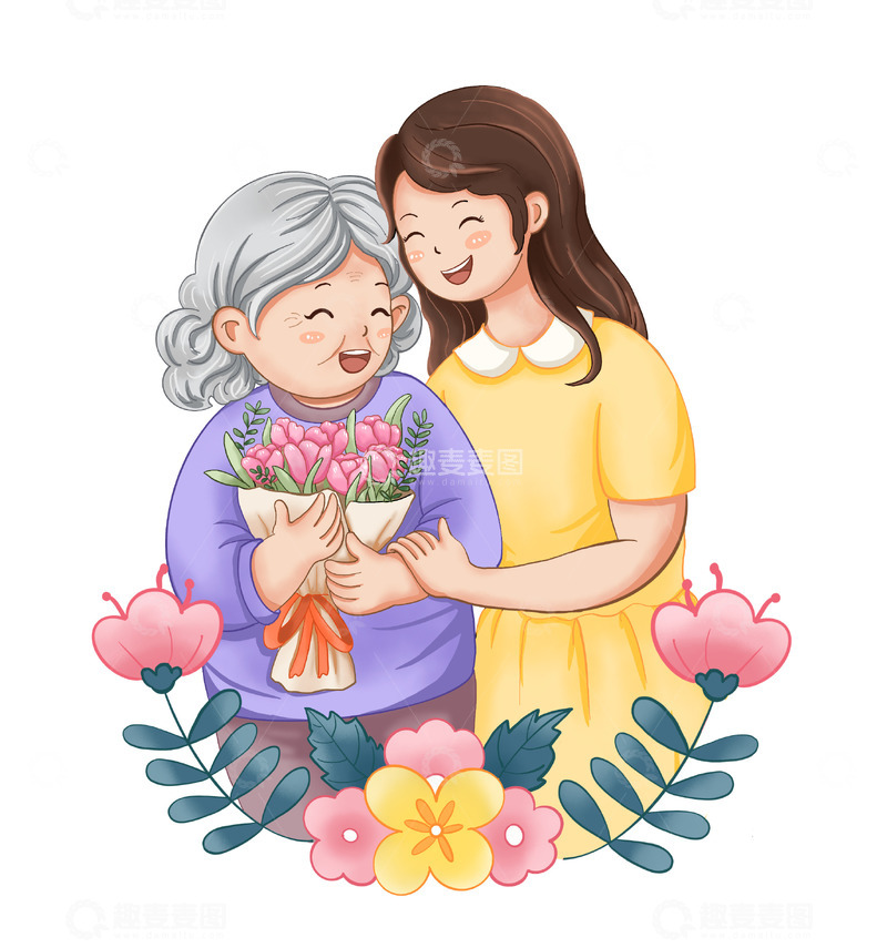 源文件下载【趣麦麦图】妇女节女神节送花老人抱花