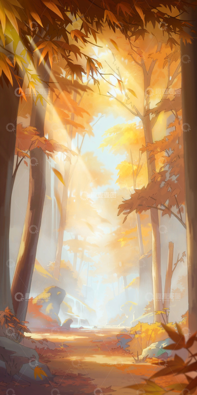 高清大图下载【趣麦麦图】-中国风意境水墨山水秋季枫叶海报背景