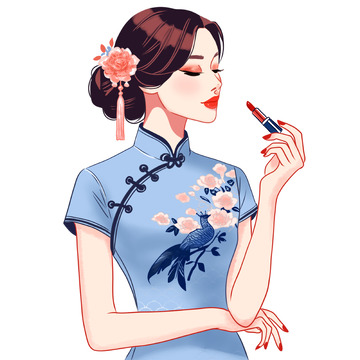 蓝色旗袍女人国潮插画
