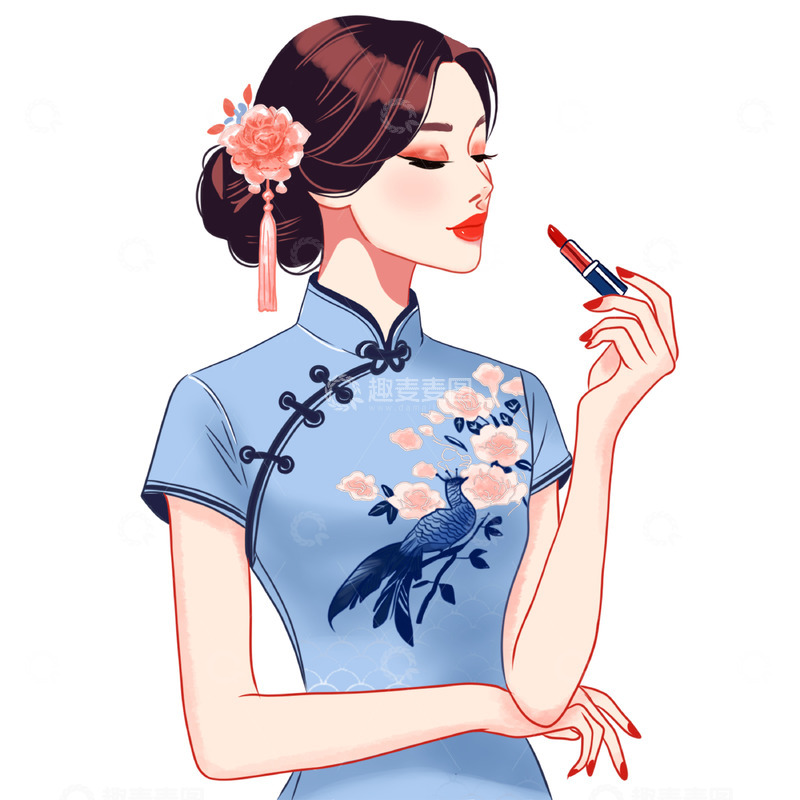 蓝色旗袍女人国潮插画