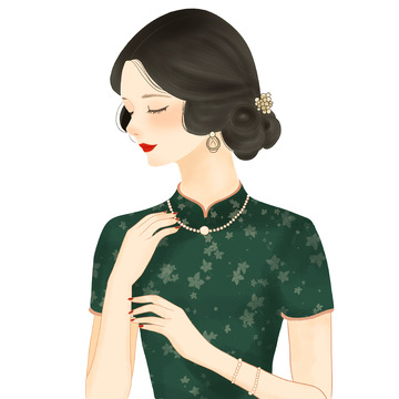 穿绿色旗袍的女人国潮插画