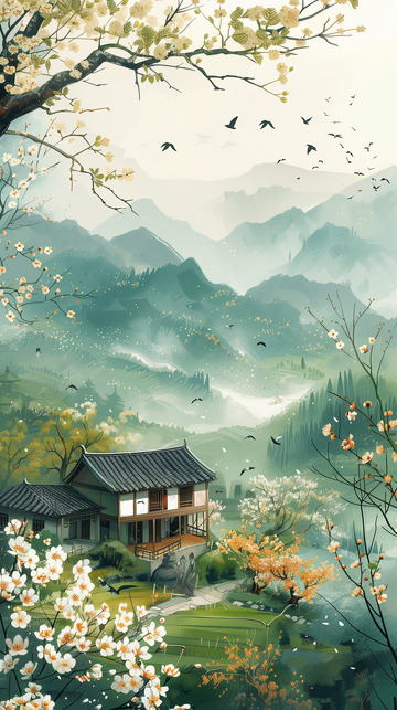 春天水墨风景插画
