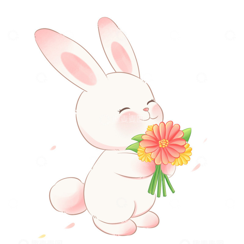 春天手拿鲜花的可爱兔子元素